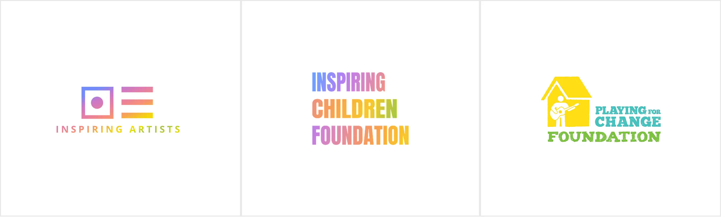 Three nonprofit organization logos displayed side by side: Inspiring Artists, Inspiring Children Foundation, and Playing for Change Foundation.